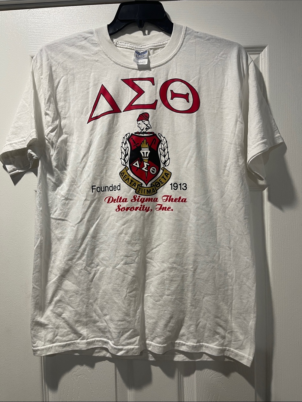 Gildan White Crewneck T-Shirt with Red and Gold Delta Sigma Theta Crest